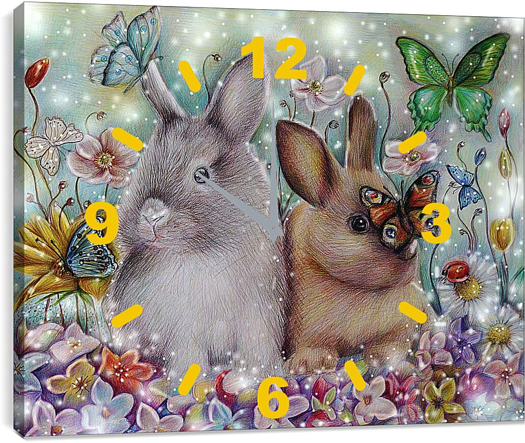 Часы картина - Зайчата и бабочки