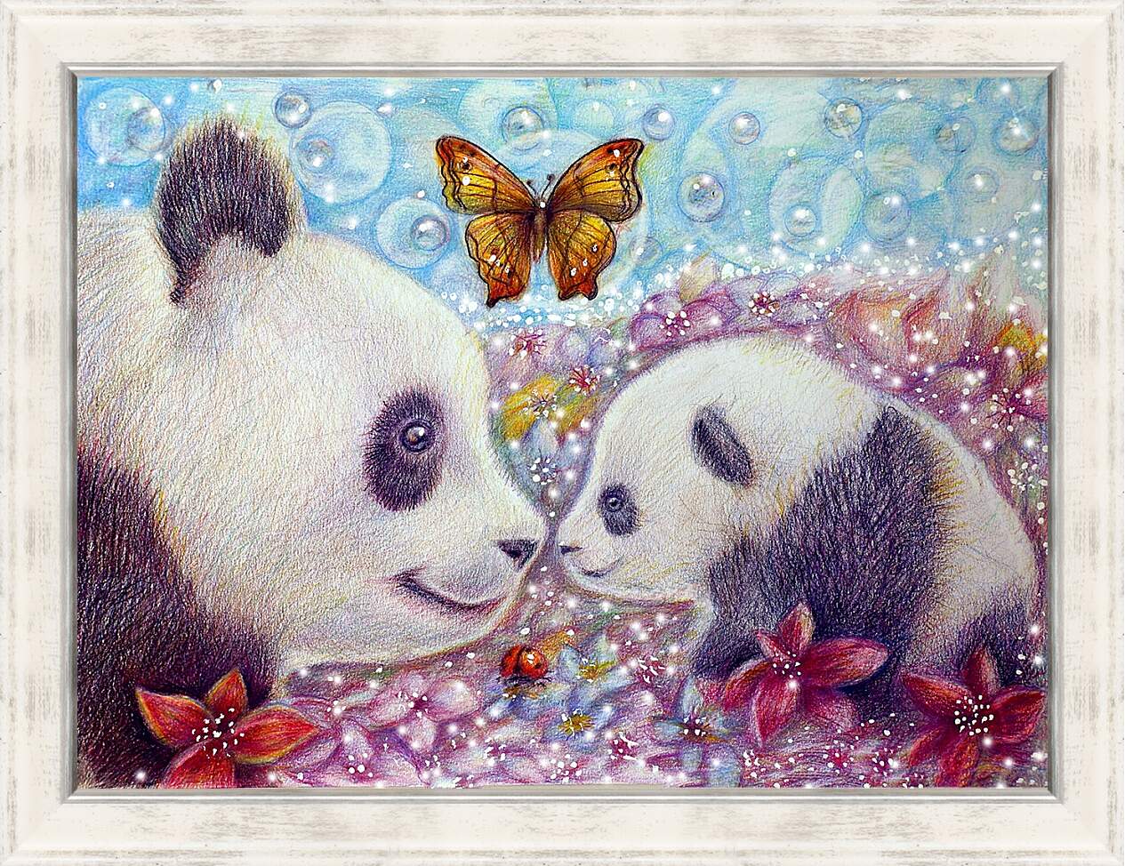 Картина в раме - Панды и бабочка