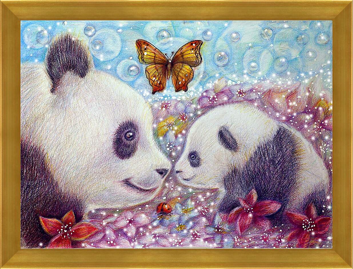 Картина в раме - Панды и бабочка
