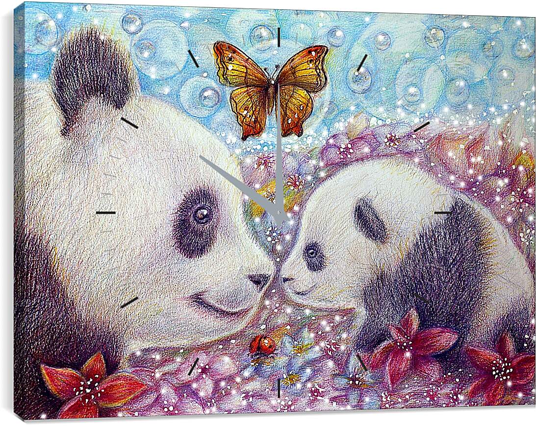 Часы картина - Панды и бабочка
