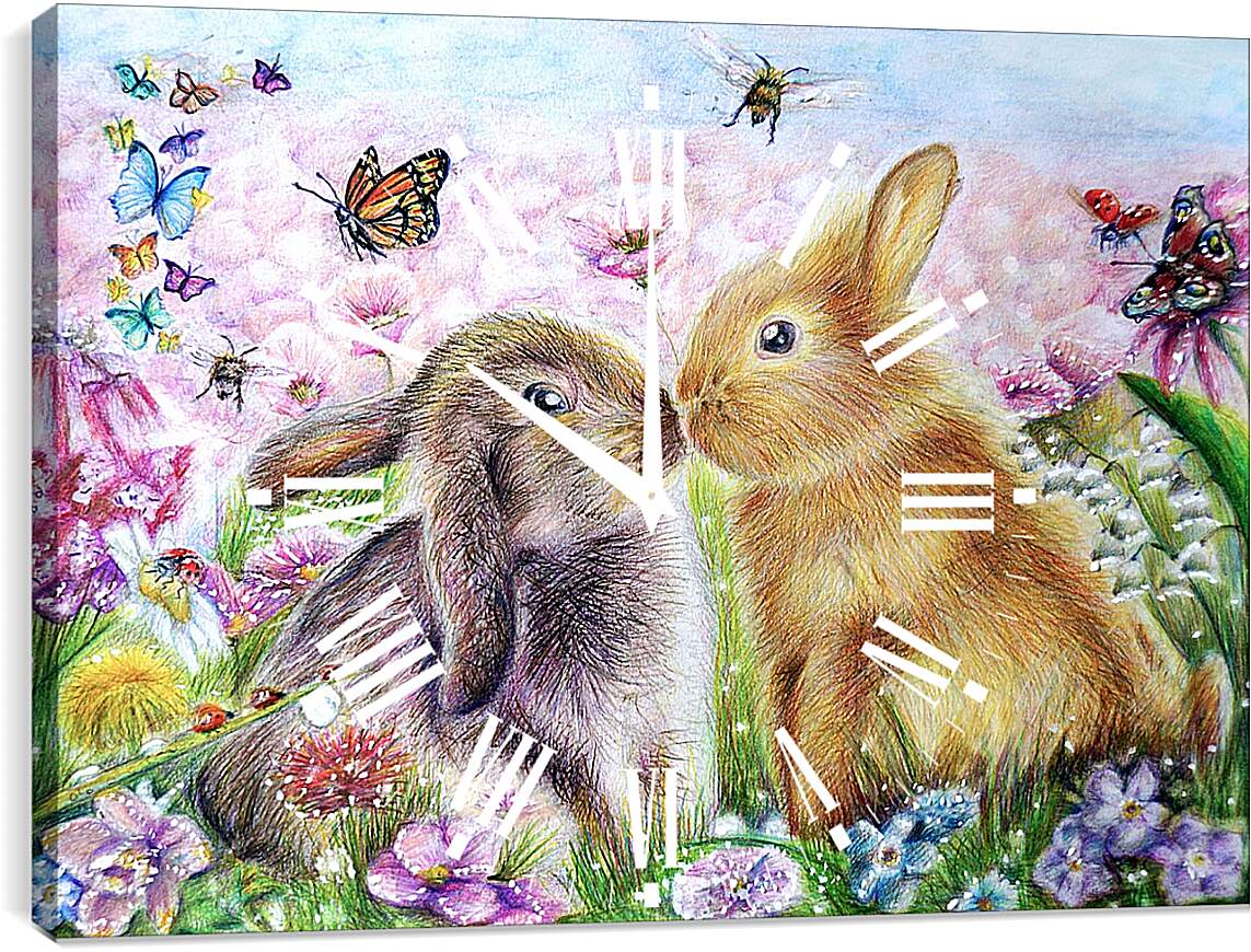 Часы картина - Пара зайчат и бабочки