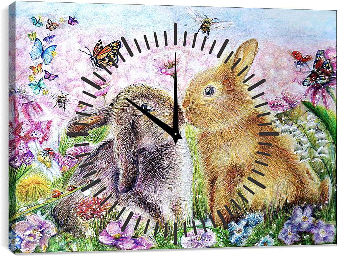 Часы картина - Пара зайчат и бабочки