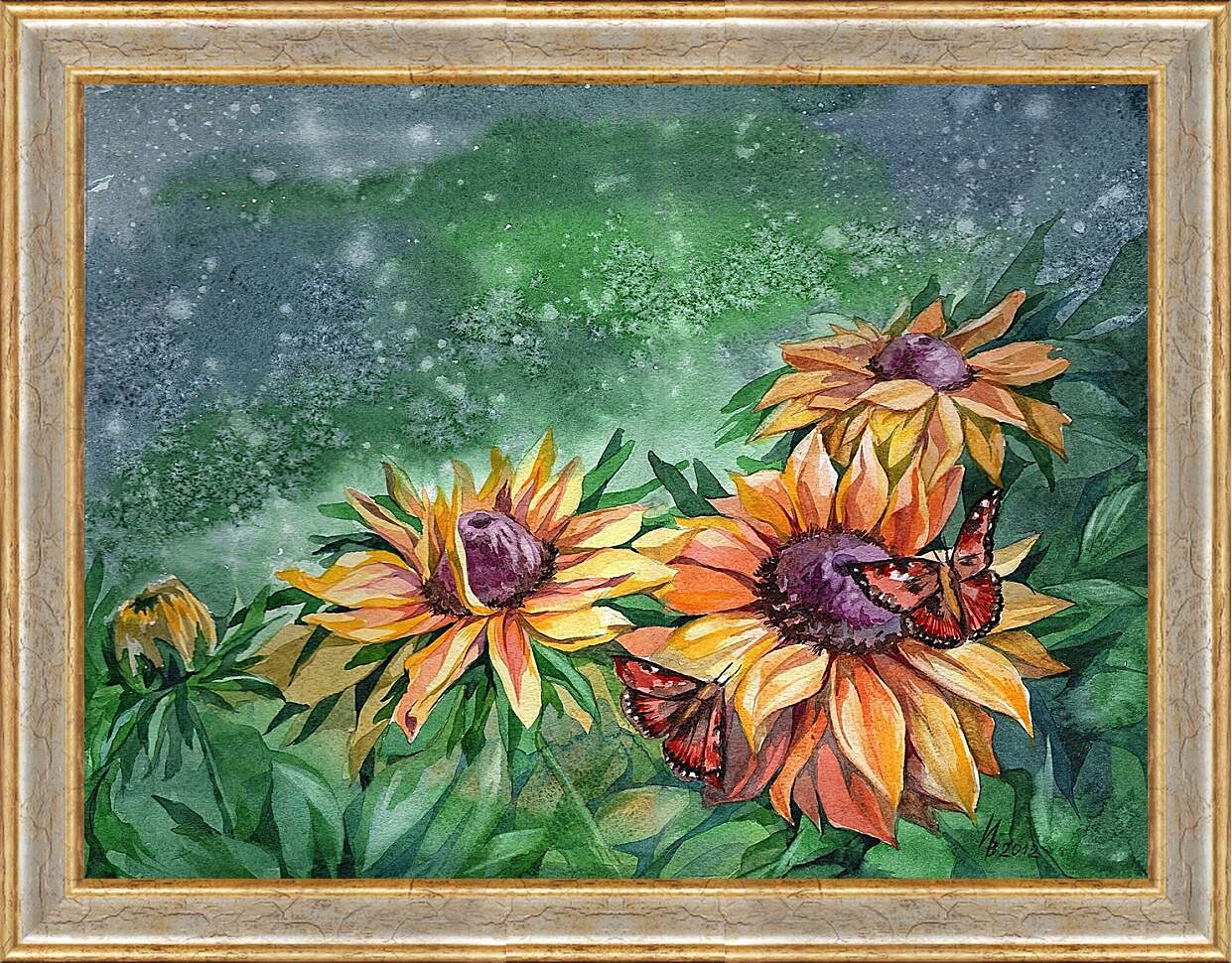 Картина в раме - Рисунок бабочки на цветке