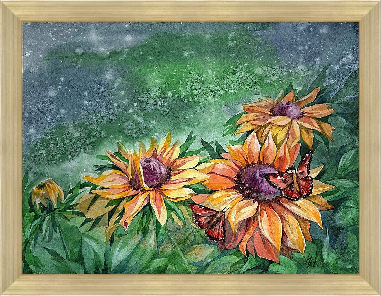 Картина в раме - Рисунок бабочки на цветке