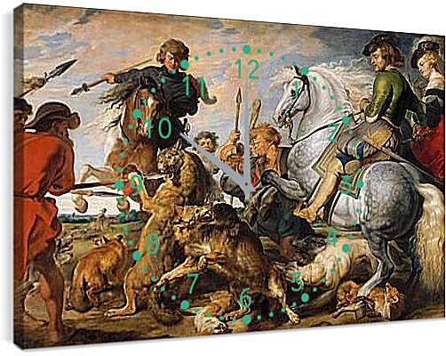 Часы картина - Охота на волка и лису. Питер Пауль Рубенс