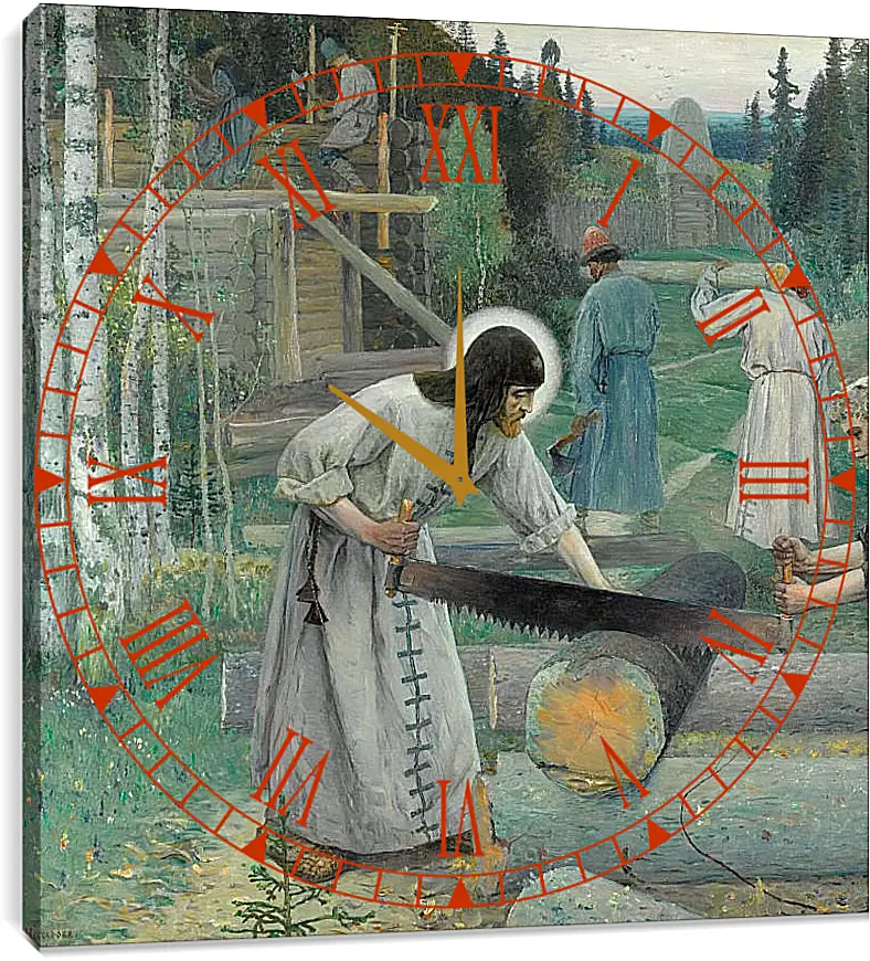 Часы картина - Труды преподобного Сергия. средняя часть (триптих) Нестеров Михаил