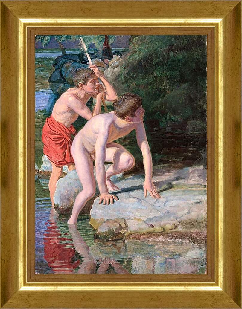 Картина в раме - Два мальчика на фоне пейзажа. Иванов Александр