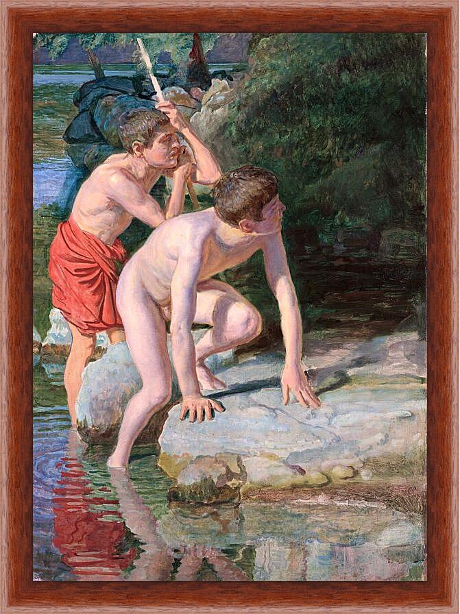Картина в раме - Два мальчика на фоне пейзажа. Иванов Александр