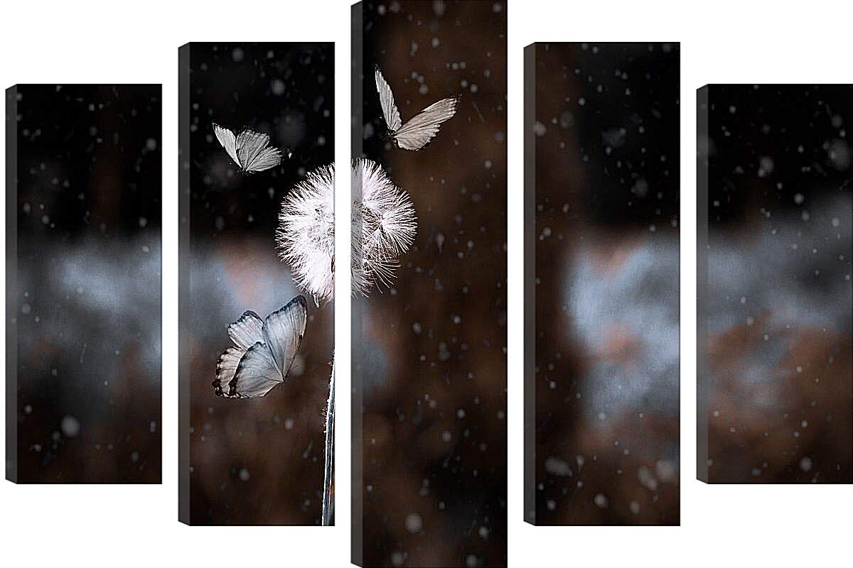 Модульная картина - Белый одуванчик в окружении бабочек