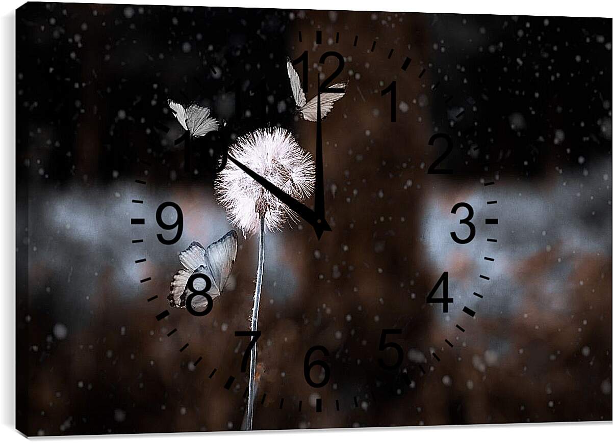 Часы картина - Белый одуванчик в окружении бабочек