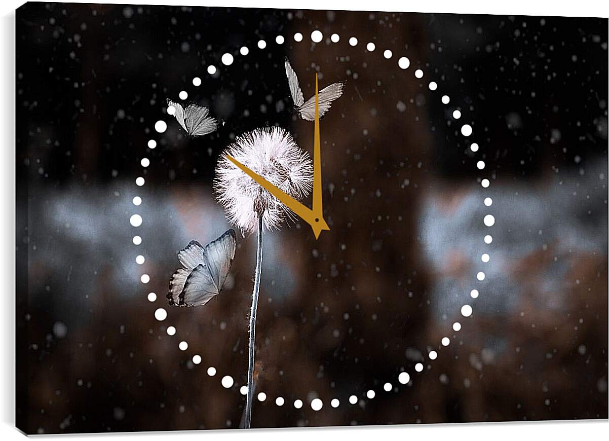 Часы картина - Белый одуванчик в окружении бабочек