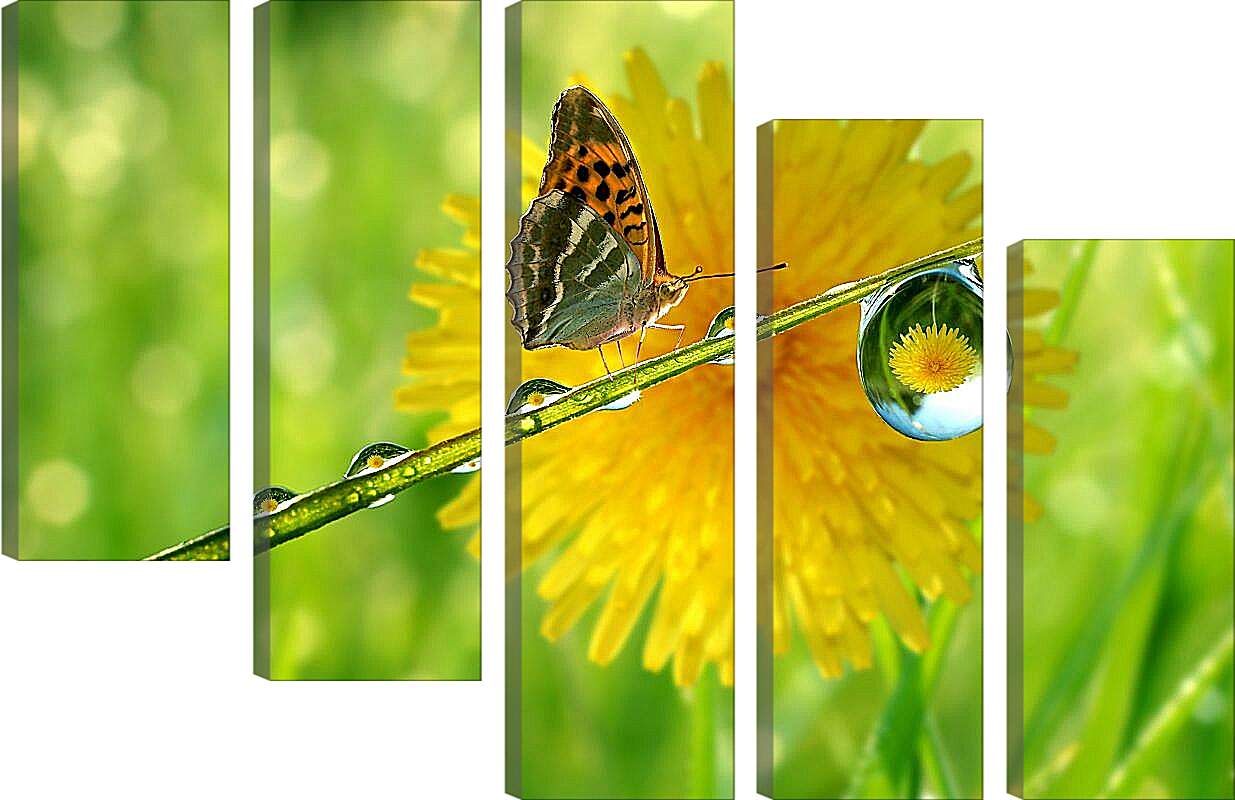 Модульная картина - Жёлтый одуванчик с бабочкой