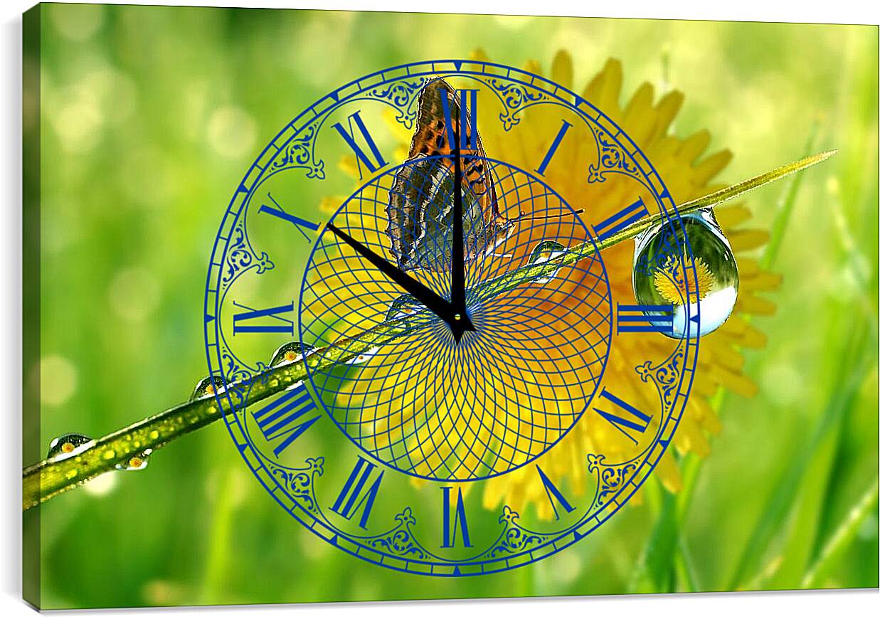 Часы картина - Жёлтый одуванчик с бабочкой