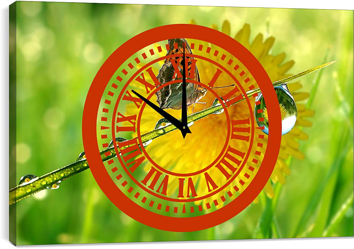 Часы картина - Жёлтый одуванчик с бабочкой