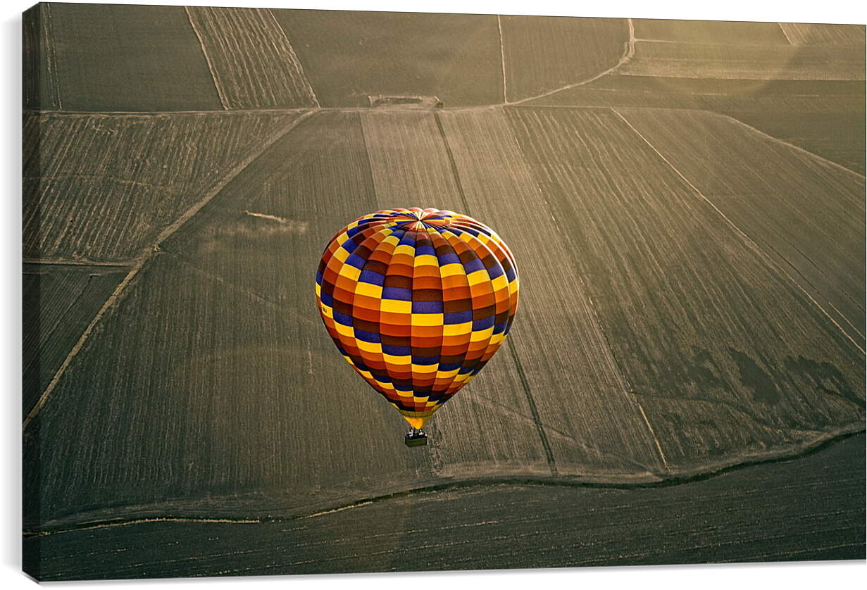 Постер и плакат - Разноцветный воздушный шар пролетающий  над полями