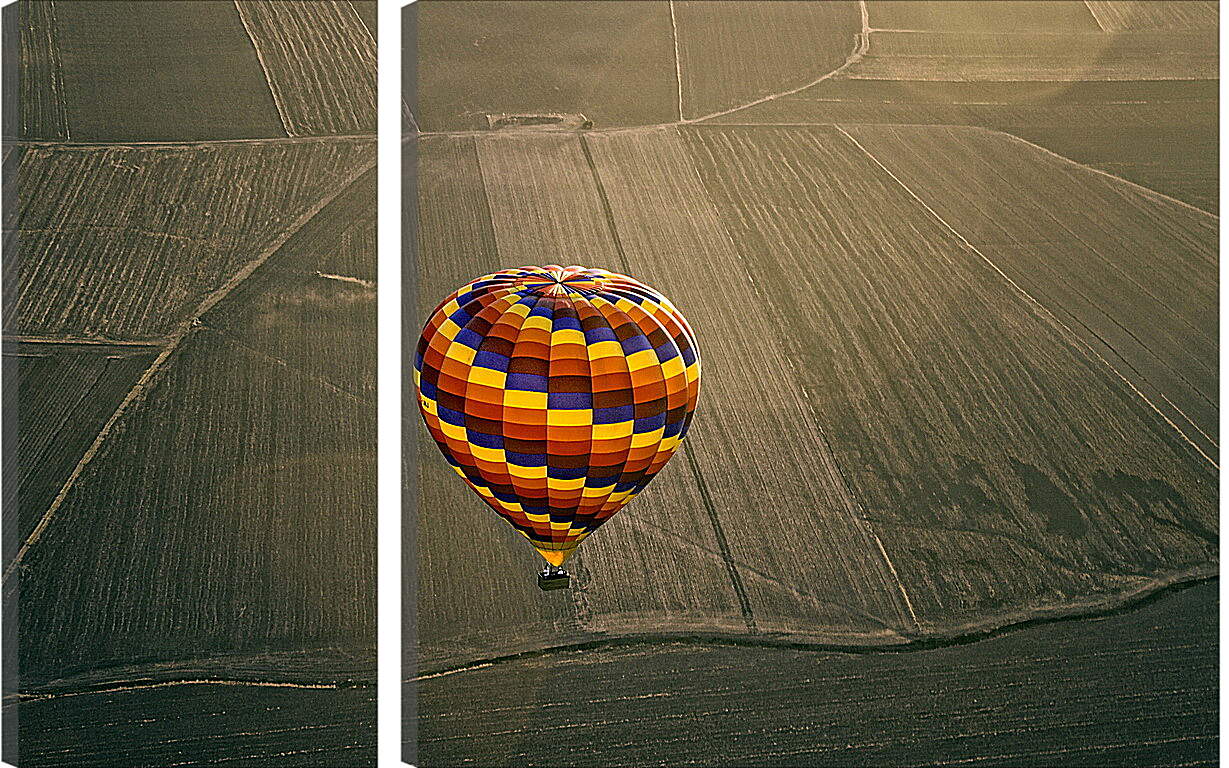 Модульная картина - Разноцветный воздушный шар пролетающий  над полями