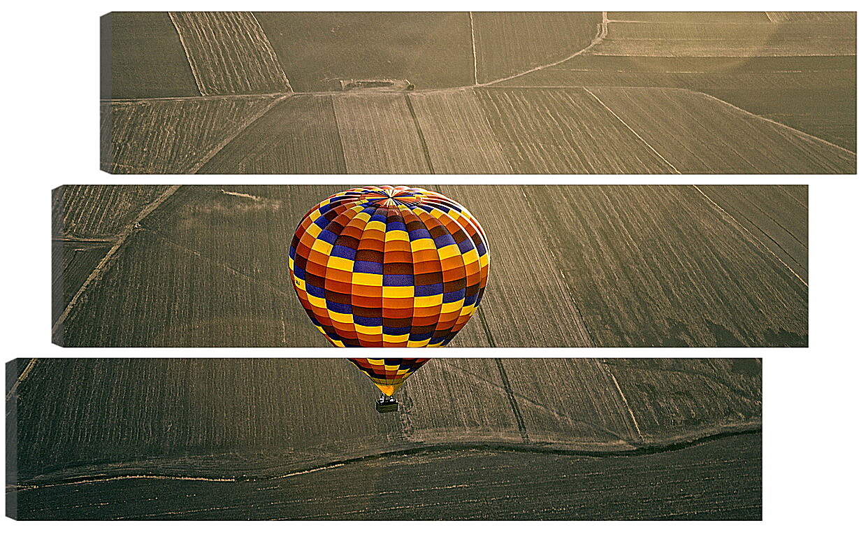 Модульная картина - Разноцветный воздушный шар пролетающий  над полями