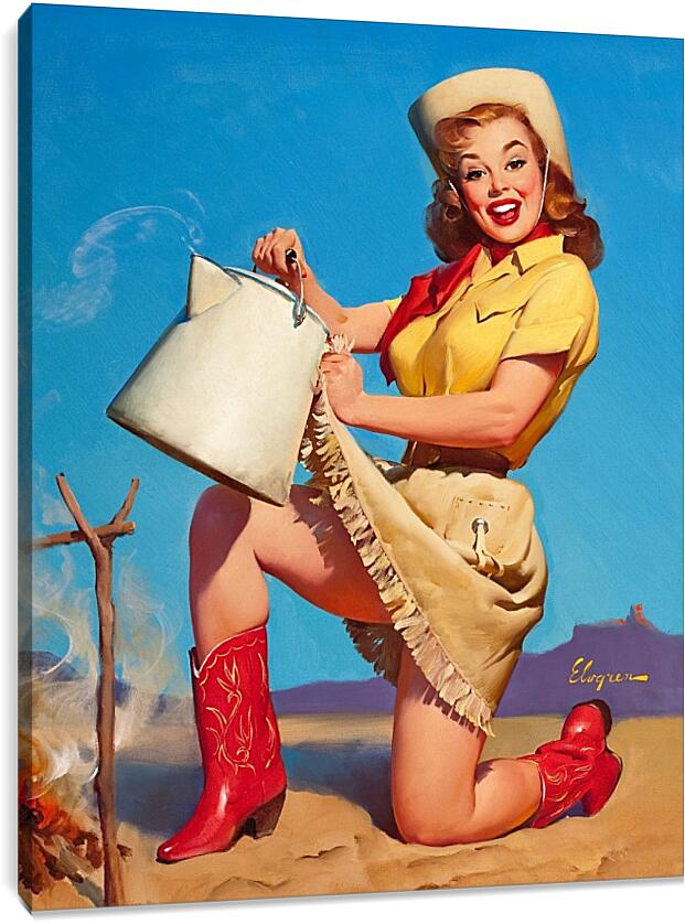Постер и плакат - Девушка в красных сапожках с чайником. Пин ап