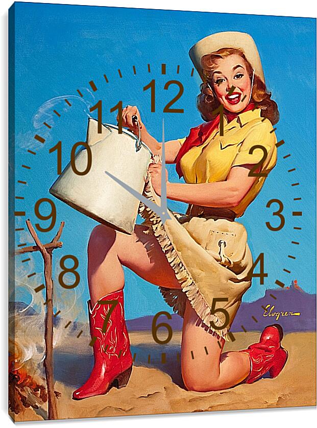 Часы картина - Девушка в красных сапожках с чайником. Пин ап