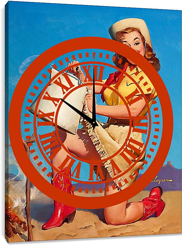 Часы картина - Девушка в красных сапожках с чайником. Пин ап