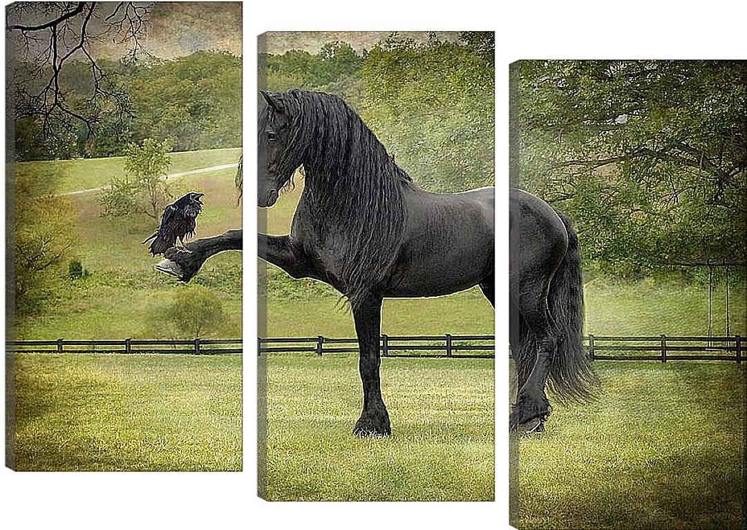 Модульная картина - Вороной конь и ворон