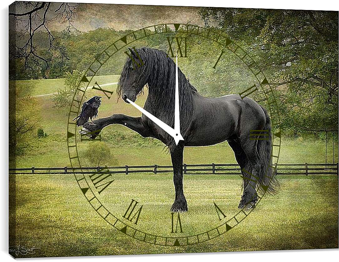 Часы картина - Вороной конь и ворон