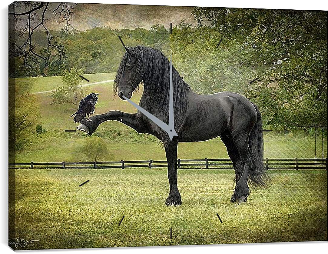 Часы картина - Вороной конь и ворон