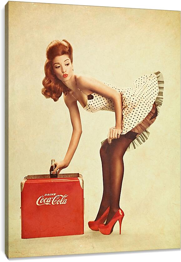 Постер и плакат - Девушка с чемоданом кока кола. Пин ап