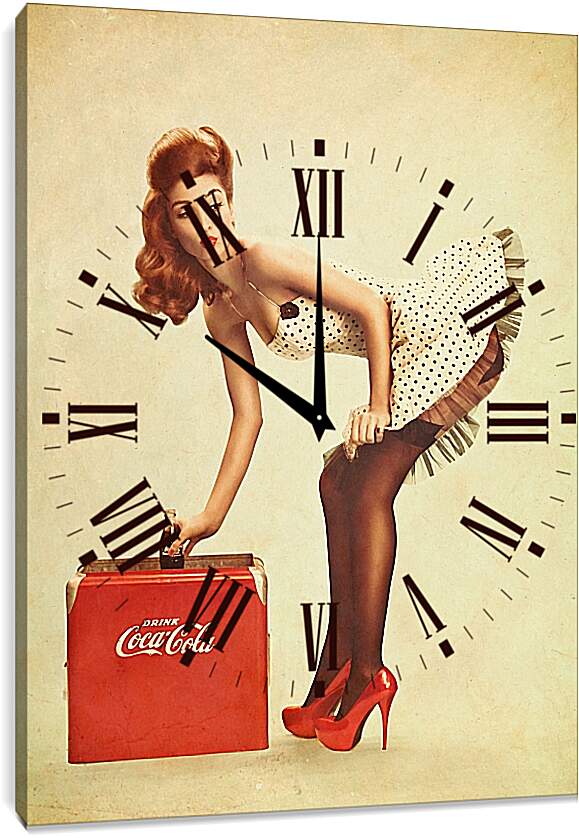 Часы картина - Девушка с чемоданом кока кола. Пин ап