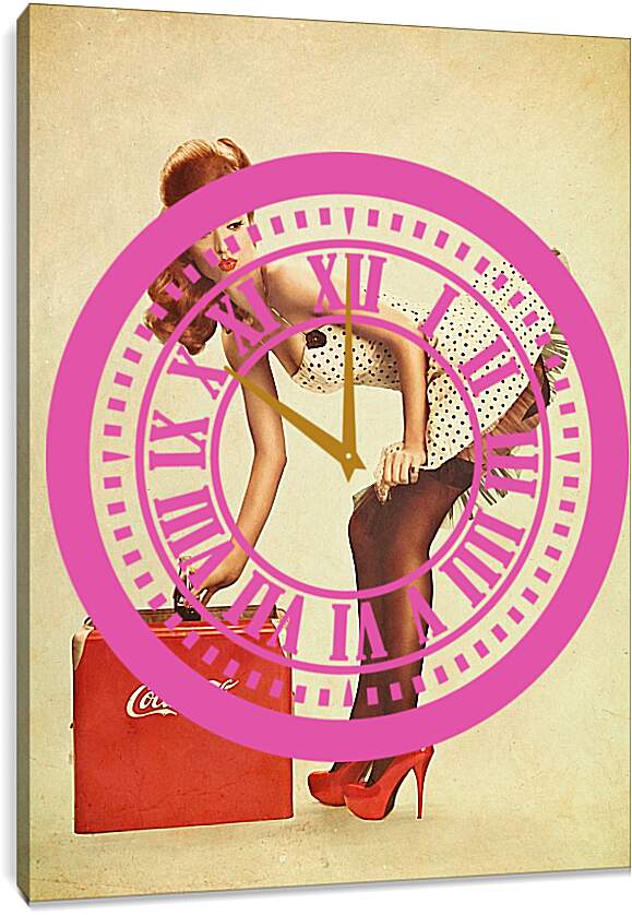 Часы картина - Девушка с чемоданом кока кола. Пин ап