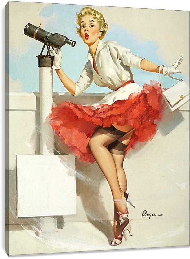 Постер и плакат - Блондинка в красной юбке и телескоп. Пин ап