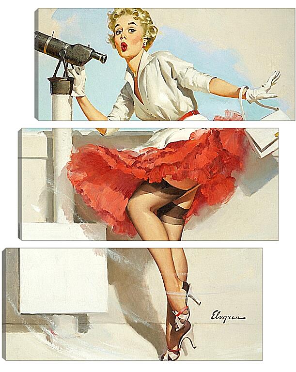 Модульная картина - Блондинка в красной юбке и телескоп. Пин ап