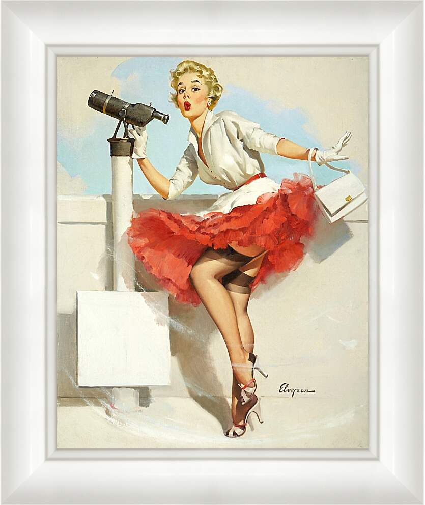 Картина в раме - Блондинка в красной юбке и телескоп. Пин ап