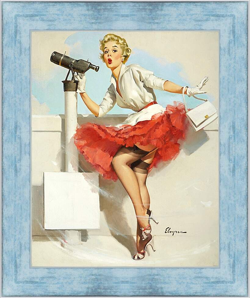Картина в раме - Блондинка в красной юбке и телескоп. Пин ап