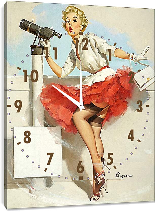 Часы картина - Блондинка в красной юбке и телескоп. Пин ап