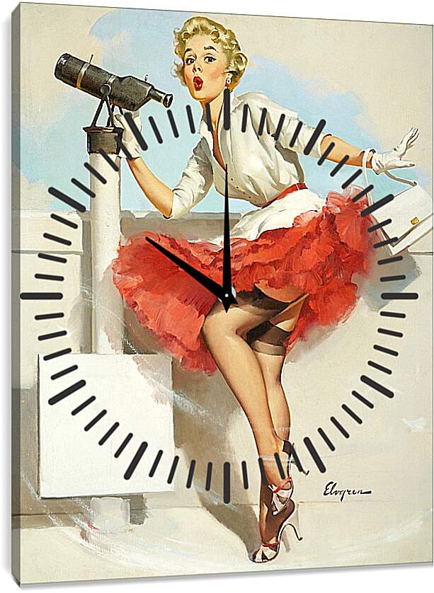 Часы картина - Блондинка в красной юбке и телескоп. Пин ап
