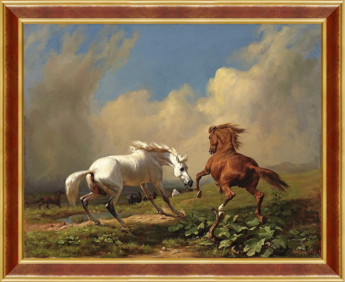 Картина в раме - Пожар в степи и кони