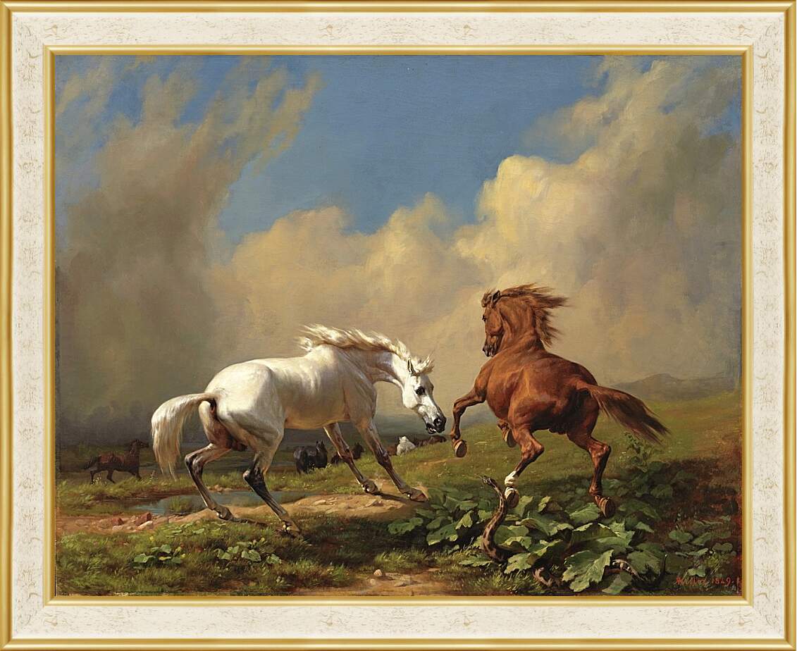 Картина в раме - Пожар в степи и кони