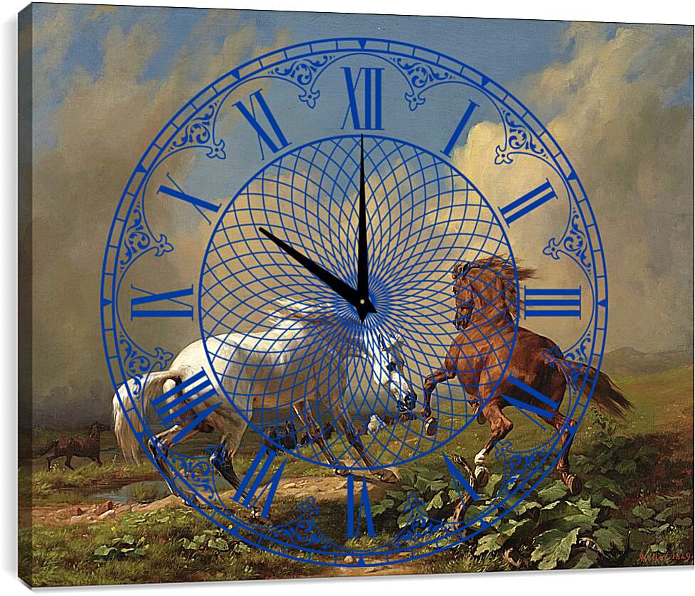 Часы картина - Пожар в степи и кони