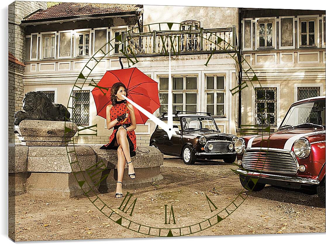 Часы картина - Девушка с красным зонтом