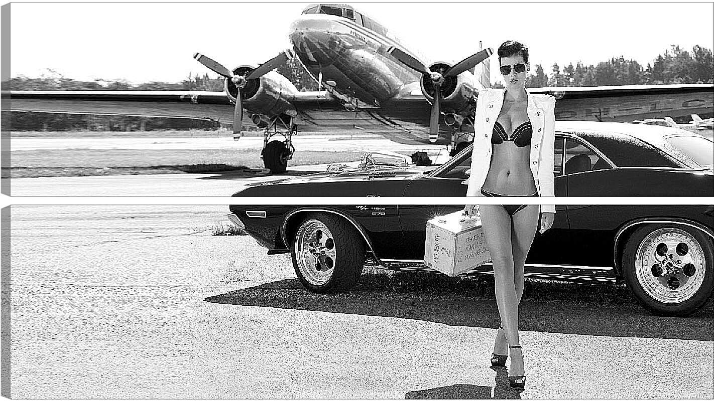 Модульная картина - Девушка, авто и самолет