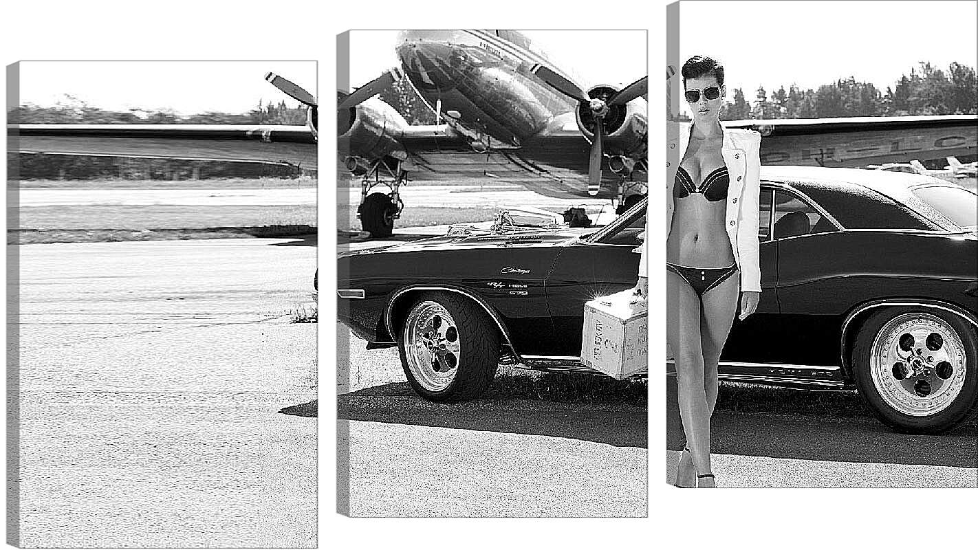 Модульная картина - Девушка, авто и самолет