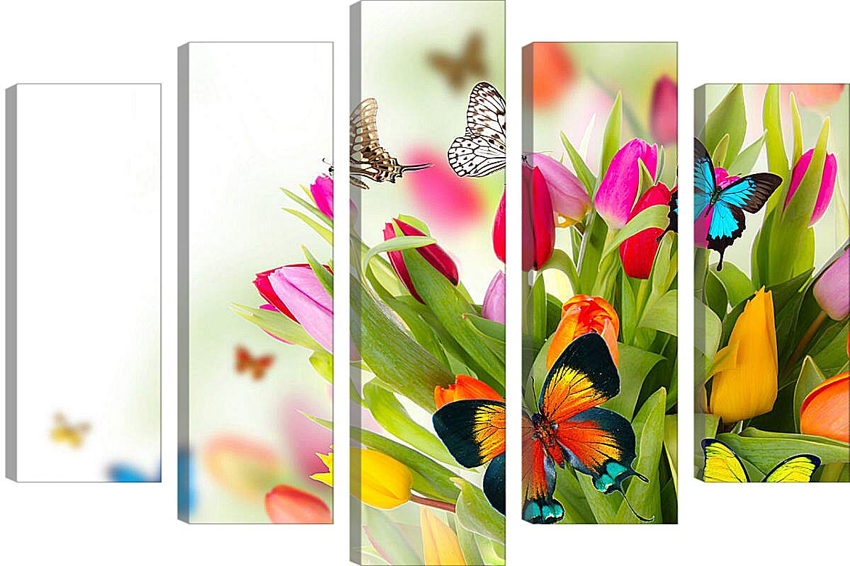 Модульная картина - Бабочки в тюльпанах