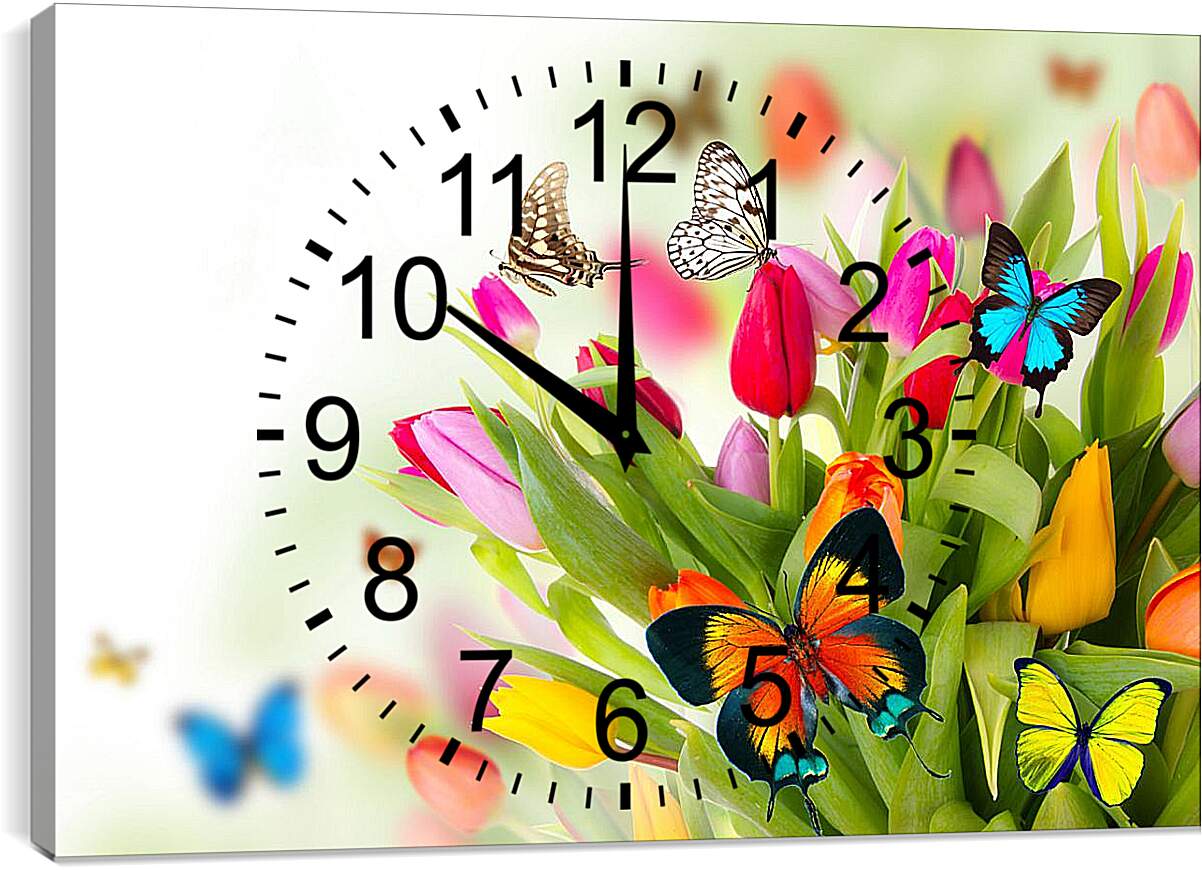 Часы картина - Бабочки в тюльпанах