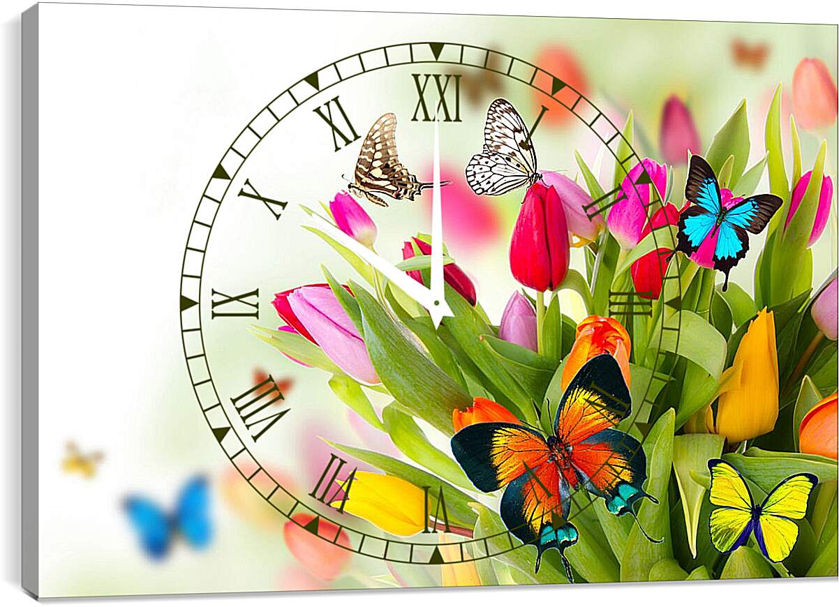 Часы картина - Бабочки в тюльпанах