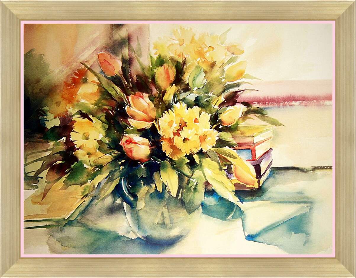 Картина в раме - Жёлтые цветы в вазе