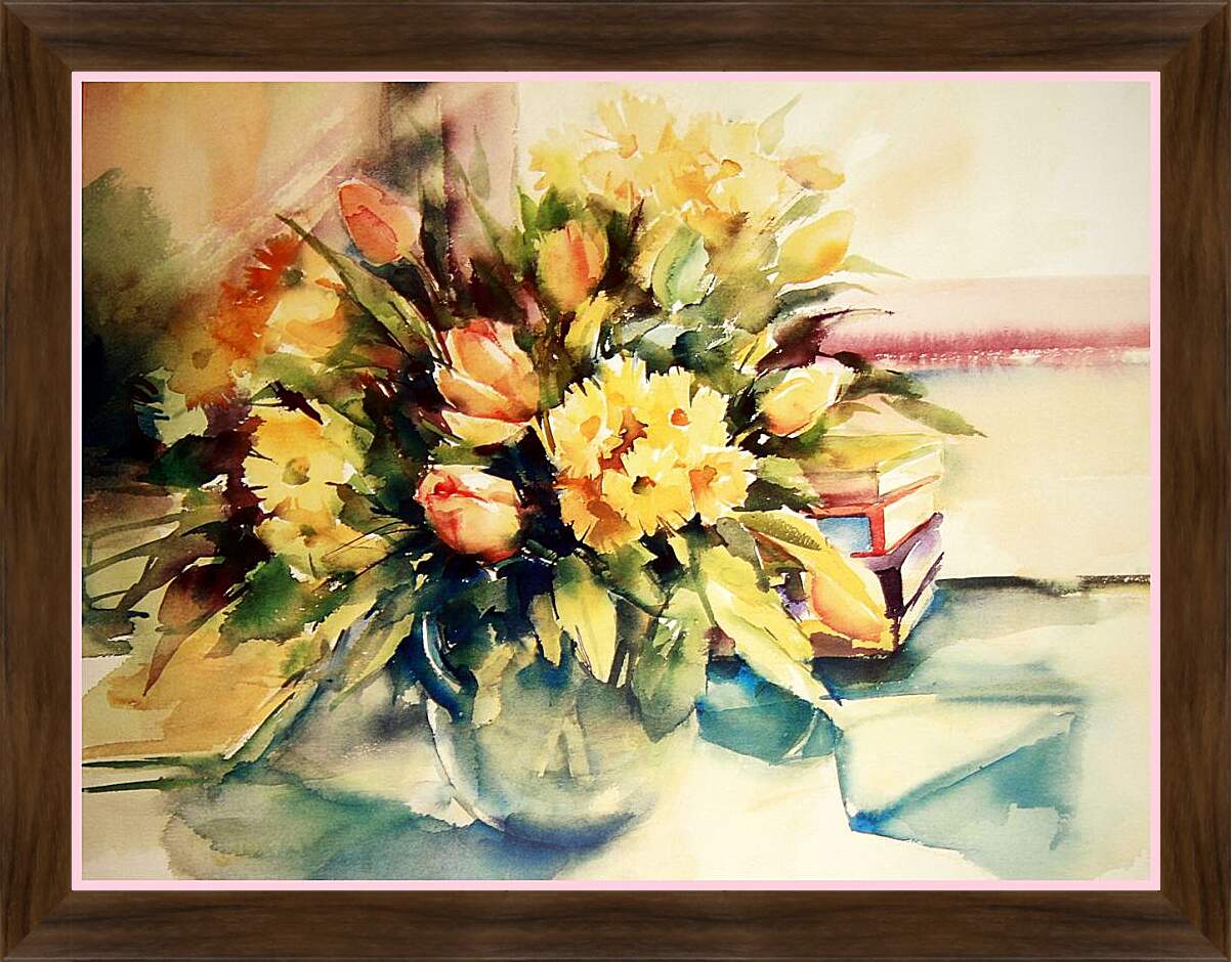 Картина в раме - Жёлтые цветы в вазе