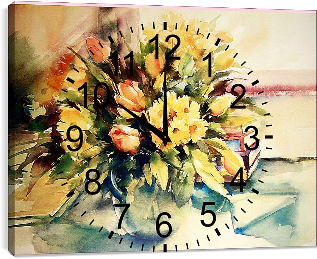Часы картина - Жёлтые цветы в вазе