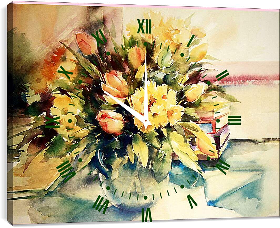 Часы картина - Жёлтые цветы в вазе