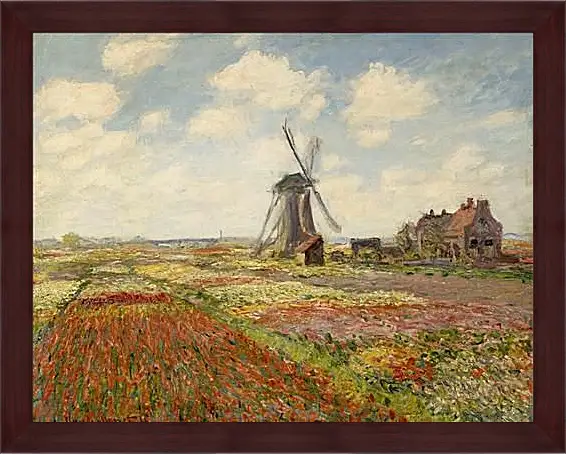 Картина в раме - Fields of Tulip With The Rijnsburg Windmill. Клод Моне